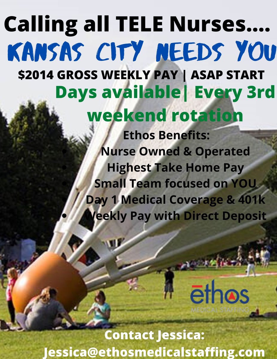 EthosMedStaff's tweet photo. Travel #TeleRN positions open in #KansasCity.. $2,014 weekly gross pay | benefits &amp; 401k start day 1 | ASAP start
#kansascityjobs #TravelNurse #NurseLife #TwitterNurse #TwitterRN #NursingJobs #Nurse #TeleNurse #YourPathOurPurpose #EthosMedicalStaffing #TravelTuesday #NurseTwitter https://t.co/OcicCpQ7Ip
