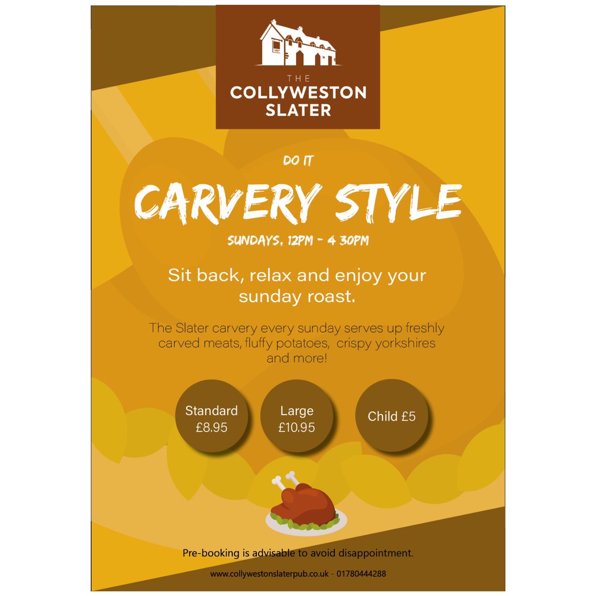 Now serving carvery on Sunday’s. 🍲 😋
12-4:30 Book to avoid disappointment. 
01780 444288. Collywestonslater@gmail.com