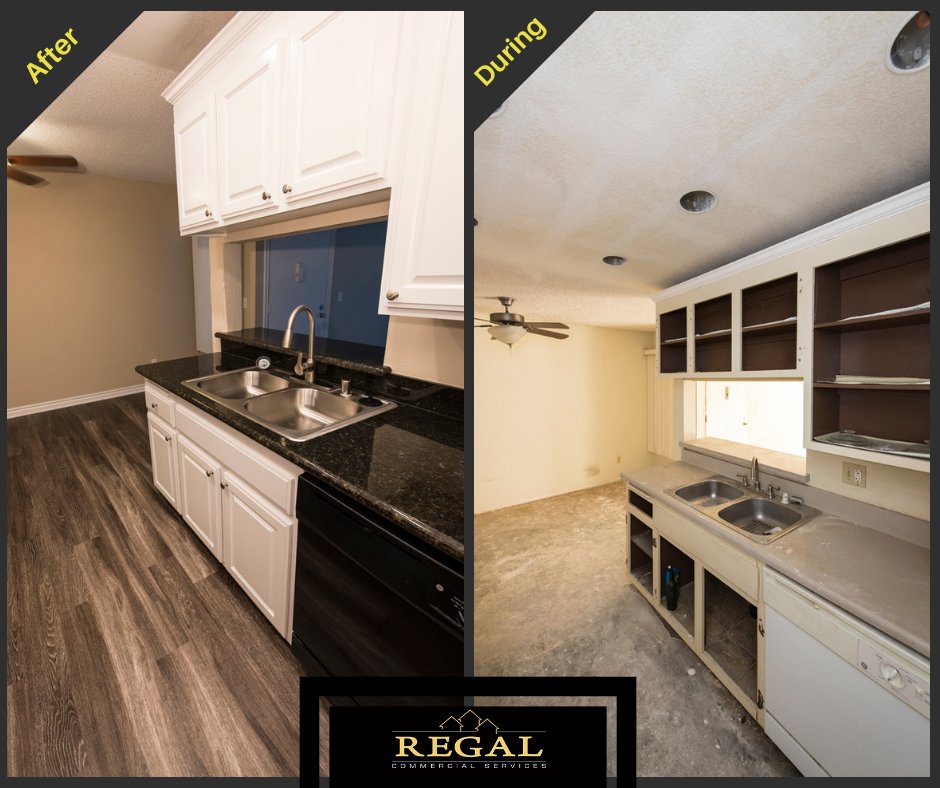 RenovationExprt's tweet photo. This apartment renovation included a full kitchen remodel, utilizing the existing cabinet boxes. Here's a before and after view of that process. (Once the cabinet doors were removed.) https://t.co/Nn3HeebpwU
