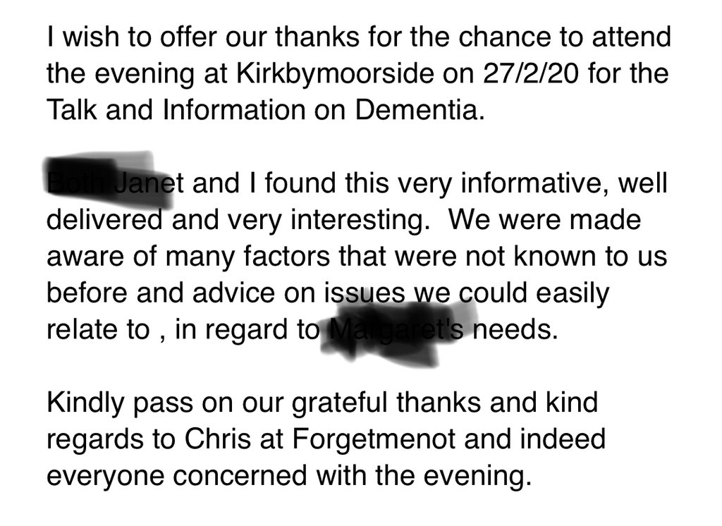 OakOmega's tweet photo. Wonderful feedback from a family following our dementia workshop @ChristineElsley #dementia #carehome https://t.co/l0SnmXWW6D