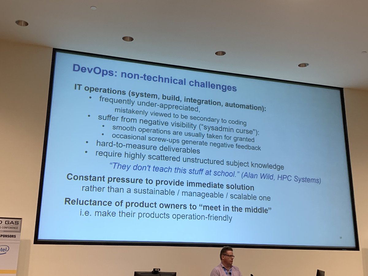 rajgautam's tweet photo. #HPC Devops challenge - “They don’t teach this stuff at School” by @arwild01 from presentation by Vadim Dayadechko at #oghpc https://t.co/MNwT3pe3Dt