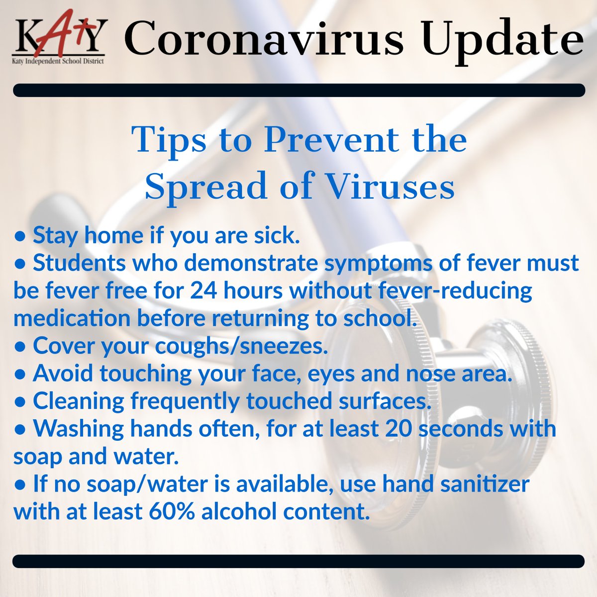 katyisd's tweet image. #KatyISD Coronavirus Update: We continue to closely follow the guidance of federal &amp;amp; state health officials on COVID-19. There are no confirmed cases in the counties in which Katy ISD is situated at this time. Find on updated protocols and resources here: ow.ly/zJTl30qmM4L