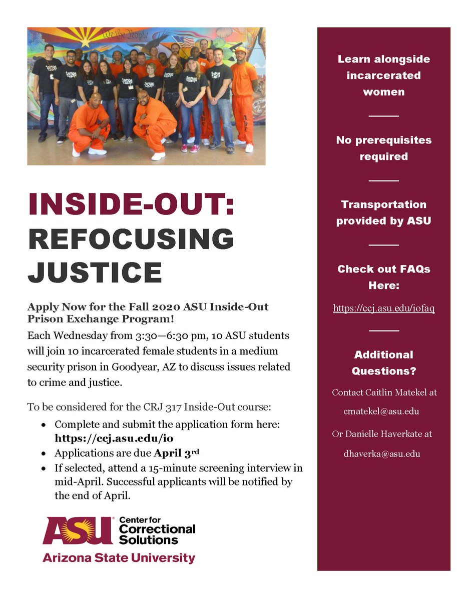 I am very excited to teach Inside-Out again this fall alongside my colleague <a href="/dhaverka/">Danielle Haverkate</a>! We will be returning to the women's facility with our new course: Refocusing Justice. Applications are open now until April 3rd! ccj.asu.edu/io
<a href="/CCS_ASU/">ASU Center for Correctional Solutions</a> <a href="/asupublicsvc/">Watts College of Pub Svc</a> <a href="/ASUCrimJustice/">ASU Criminal Justice</a>