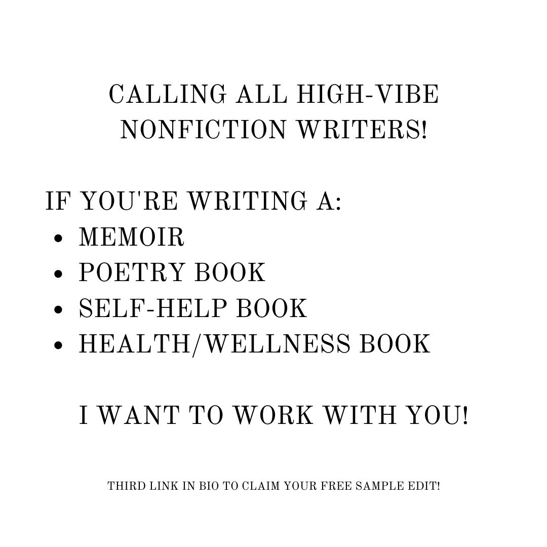 ⚡️ Are you deep in your writing process but are unsure of your next steps?

⚡️ Do you wish you had a wordsmith on your side to guide you and your book in the right direction?

Inquire today to claim your ✨FREE✨ 1,000-word sample edit!

#amwriting #nonfictionwriter #amediting