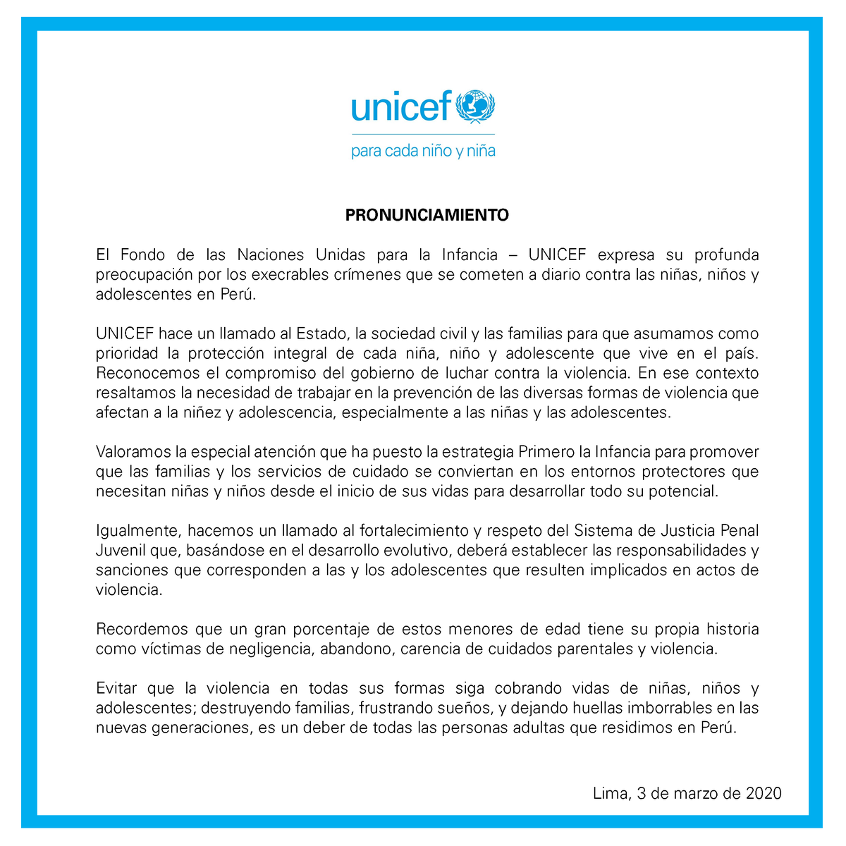 UNICEFperu's tweet photo. Pronunciamiento Oficial https://t.co/8Hwco6oTIU