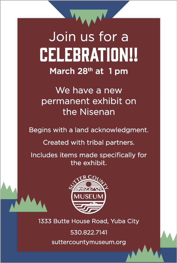 SacStatePH's tweet photo. Congratulations! to alumni @jess_eernisse on her new permanent exhibit at the Sutter County Museum on Nisenan culture. The opening reception will be March 28 at 1pm. Hope you can join us in celebrating this exciting work. https://t.co/iASOyFxNzR