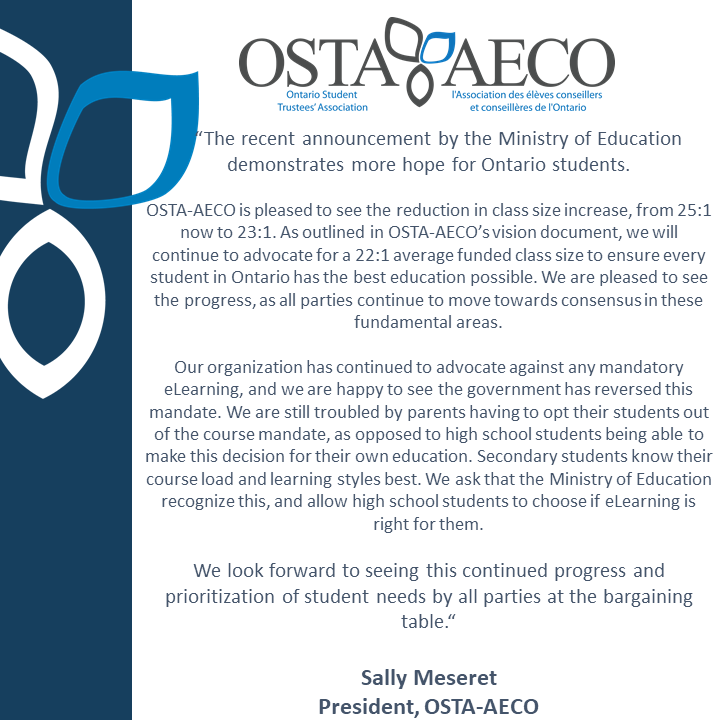 OSTAAECO's tweet photo. Please see the following statement by Sally Meseret, President of OSTA-AECO, on the Ministry of Education's recent announcement. #onted #onpoli https://t.co/t2VrnsTNkP