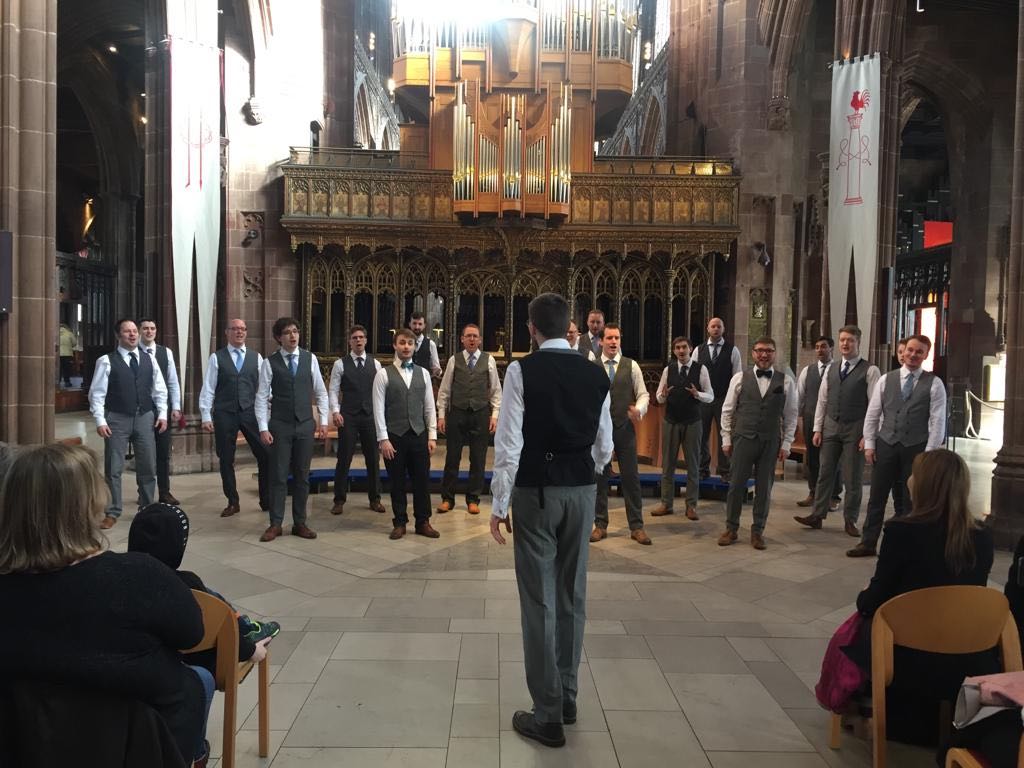 We had a blast this weekend in Manchester! Loved performing in the beautiful <a href="/ManCathedral/">Manchester Cathedral</a> with our friends in <a href="/UoMBarbershop/">MUBS</a> and thoroughly enjoyed being welcomed back on the stage at the  @mrcrchoralcomp by such an amazing audience! #MACC2020 Thanks so much for having us!