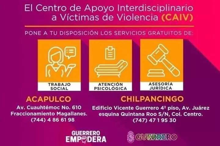 SemujerGro's tweet photo. Si te encuentras en una situación de violencia o conoces a una niña o mujer en esa condición, busca ayuda. Acércate a los Centros de Apoyo Interdisciplinario a Víctimas de Violencia #CAIV 👇🏾 #GuerreroEmpodera ¡COMPARTE! 🔁 https://t.co/z1YnU4t6kA