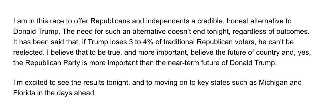 wsteaks's tweet photo. Trump's lone long-shot challenger @GovBillWeld tells @ABC News he's in past Super Tuesday:

"I am in this race to offer Republicans and independents a credible, honest alternative to Donald Trump. The need for such an alternative doesn’t end tonight, regardless of outcomes." https://t.co/MyFzQuI0JM