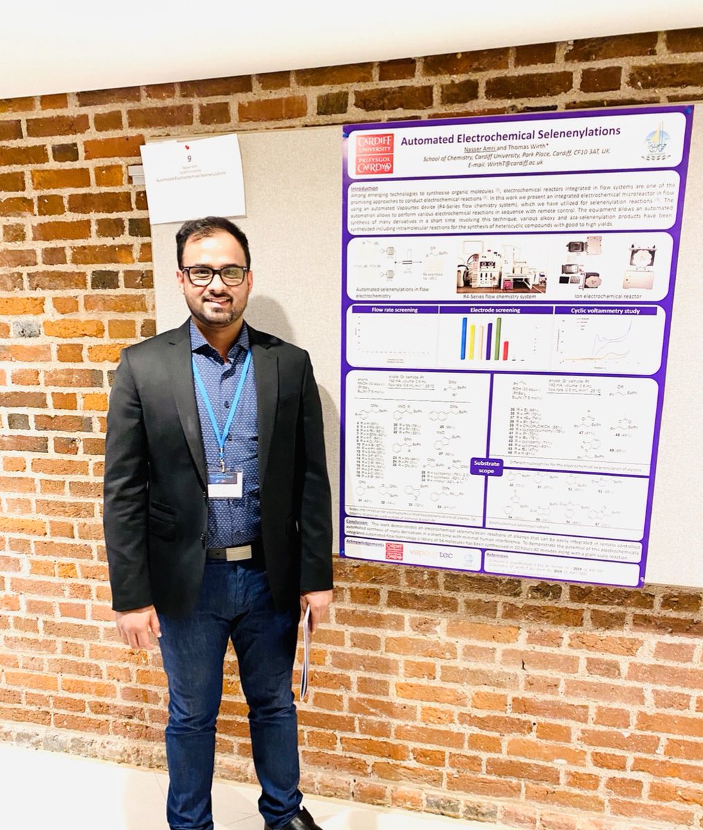 n3amri's tweet photo. Great 1st day at #FCE20 in Cambridge! So many great people, great content, great ideas! I am so pleased to share our efforts to develop an automated electrochemical selenenylations. #Poster #RSCOrg #vapourtec #electrochemistry #flowchemistry #flow https://t.co/wyOBYexUYl