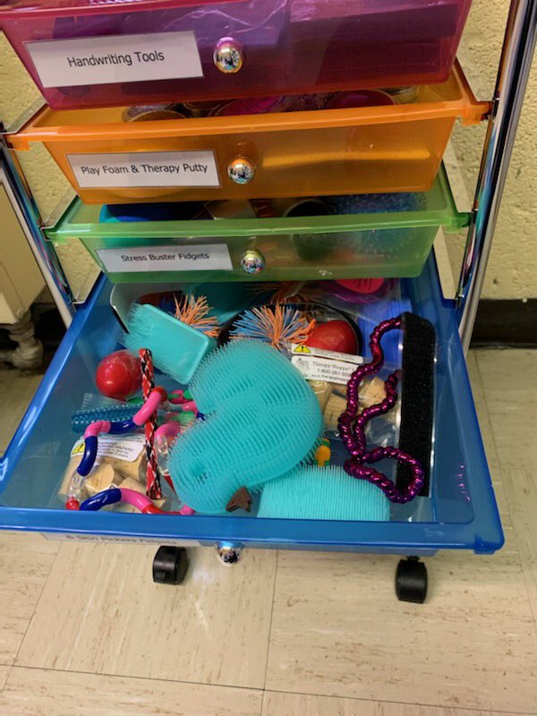 Wow!! The Parent Resource Center has Therapy Shop on Wheels! The carts consist of handwriting tools, play foam and therapy putty, stress buster fidgets, finger nail/hair pullers, skin pickers fidgets, focusing fidgets, and sensory fidgets.