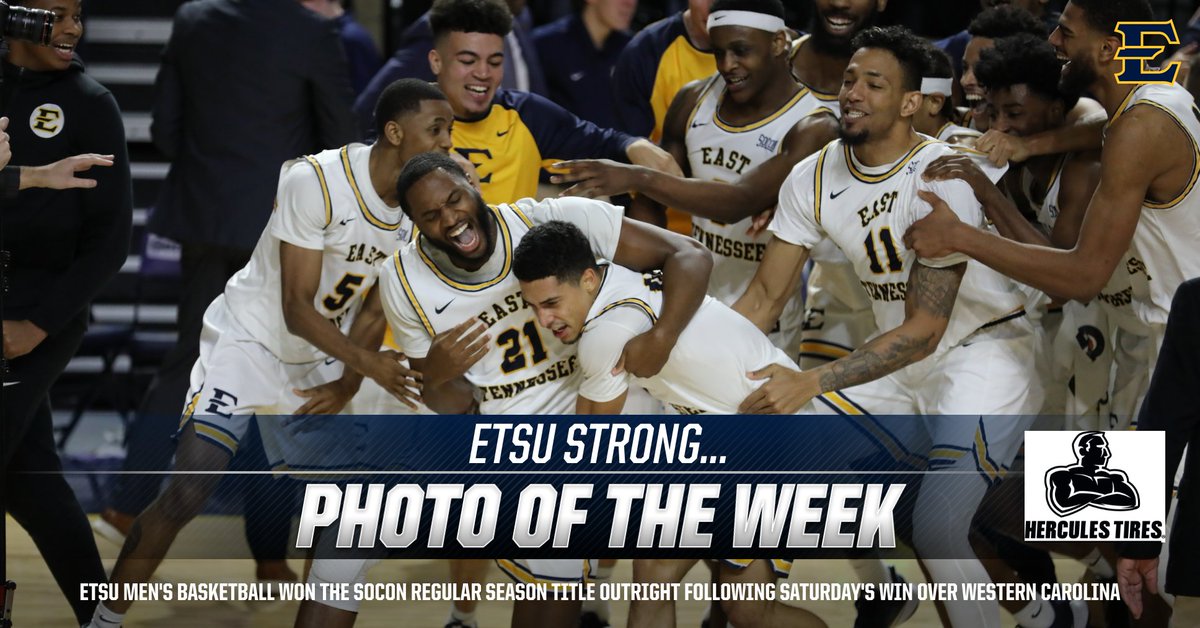 .<a href="/ETSUFans/">ETSU Fans</a>, here is your ETSU Strong Photo of the Week presented by <a href="/HerculesTires/">Hercules Tires</a> 

This photo is of <a href="/ETSU_MBB/">ETSU Men's Basketball</a> celebrating after the Bucs' thrilling comeback win over Western Carolina last Saturday to clinch the SoCon regular season title outright