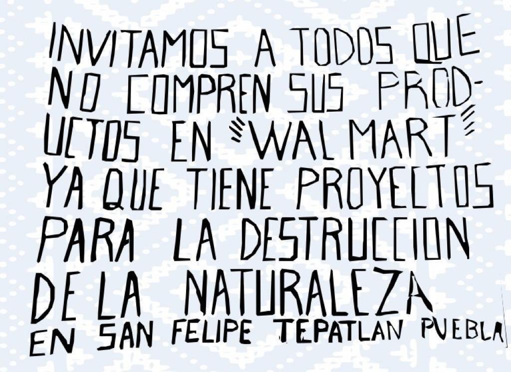 TiyatTlali's tweet photo. "Invitamos a todos a que no compren sus productos en "walmart" ya que tiene proyectos para la destrucción de la naturaleza en san Felipe Tepatlan"
#FueraWalmart de la Sierra Norte de Puebla
#ProyectoHidroelectricoPuebla1 #Puebla1 #Deselec https://t.co/fncVlBQ5Bi