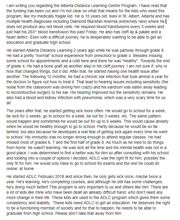 mrsmellytk's tweet photo. Here is one powerful story from an #ADLC mom and student. What will happen to this student's education when ADLC shuts down? @jkenney @AdrianaLaGrange #ADLCStories How can you take this away from students who so desperately need it? https://t.co/VKul64voLS