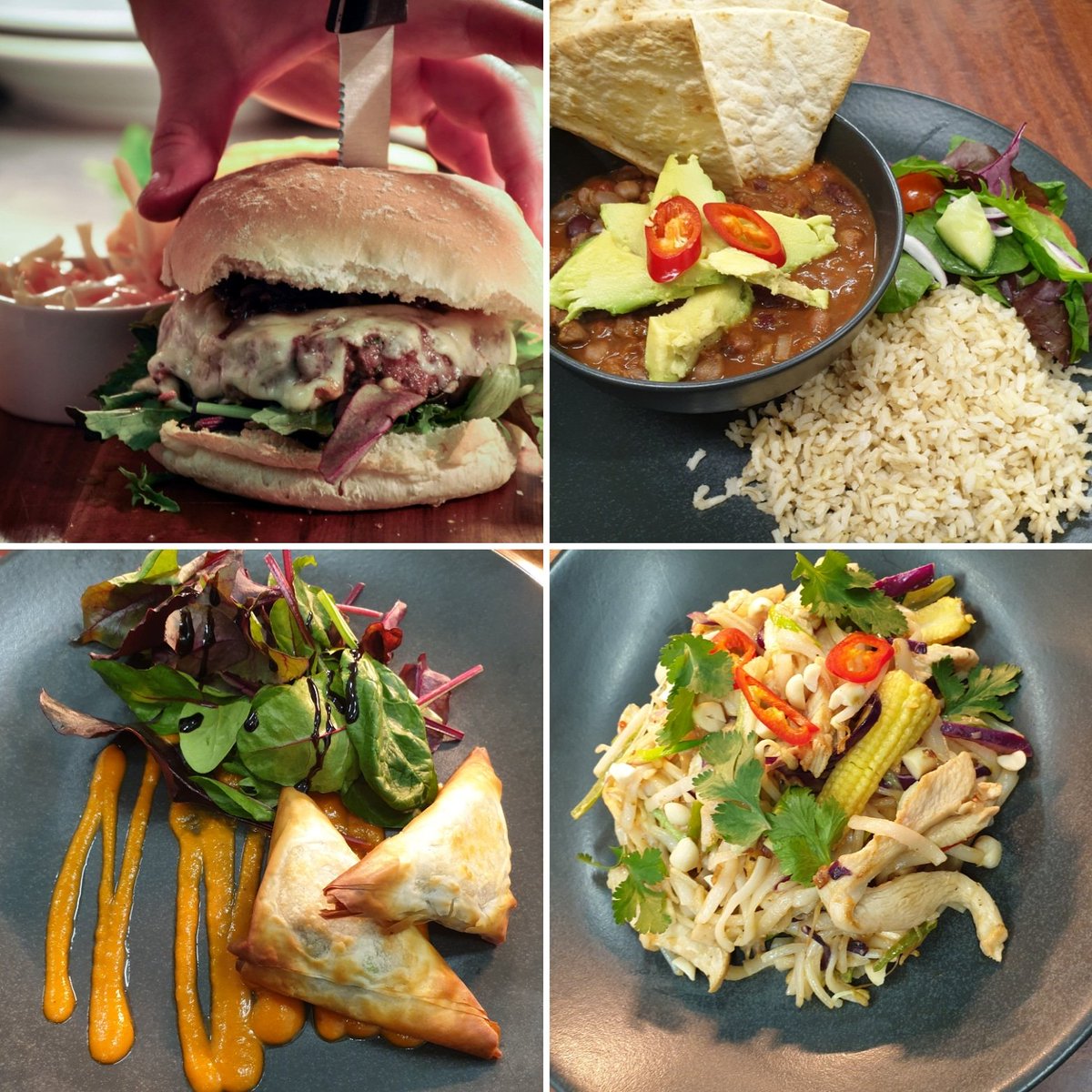 baronatbucknell's tweet photo. We have some new things and some returning favourites on our current menu! The classic Beef burger is back! Along with our new vegan mushroom parcels, Deb's classic Bean and walnut chilli and our new Pad Thai dish! Mmmmm 😋🍽🍔🥑🍄🍜 #newmenu #treatyourself #baronatbucknell https://t.co/GzKfSqX1vu