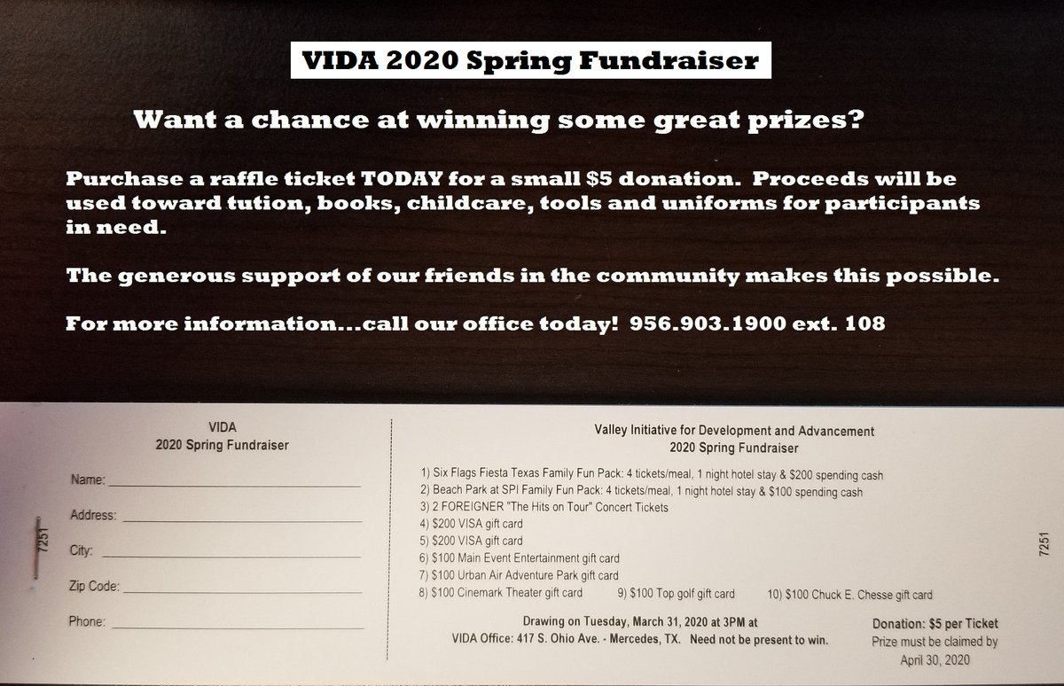 Spring 2019 Fundraiser

Lots of great prizes!

If interested in purchasing tickets you can do so by calling 956.903.1900 ext 108 or tickets can be on our website through our paypal link paypal.com/cgi-bin/webscr…
