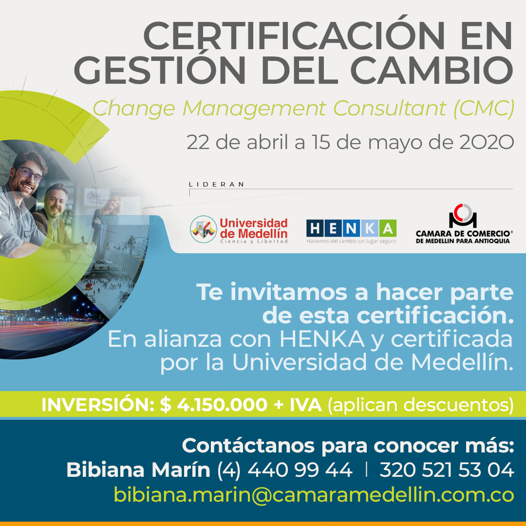 HenkaConsulting's tweet photo. #COLOMBIA ¡Nuestra Certificación regresa a Medellín! 

A partir del 22 de abril fórmate como Change Management Consultant (CMC) de la mano de expertos en #GestiónDelCambio. Programa presencial en alianza con @CamaraMedellin y @UdeMedellin_ > https://t.co/PiepRbCBuY https://t.co/E5X5m6P0qP