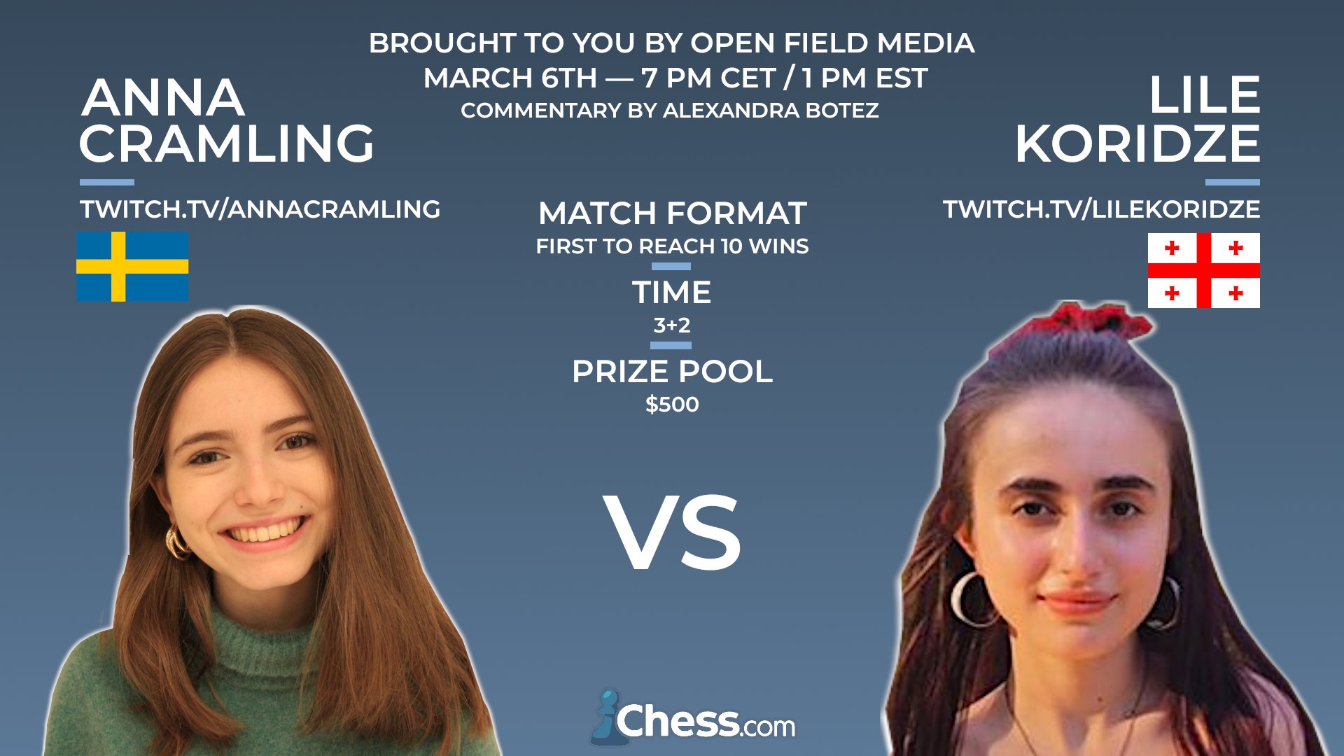Anna Cramling on X: Only 3 days left until the big match against WFM Lile  Koridze! The match is arranged and sponsored by Open Field Media, and it  will be live commented