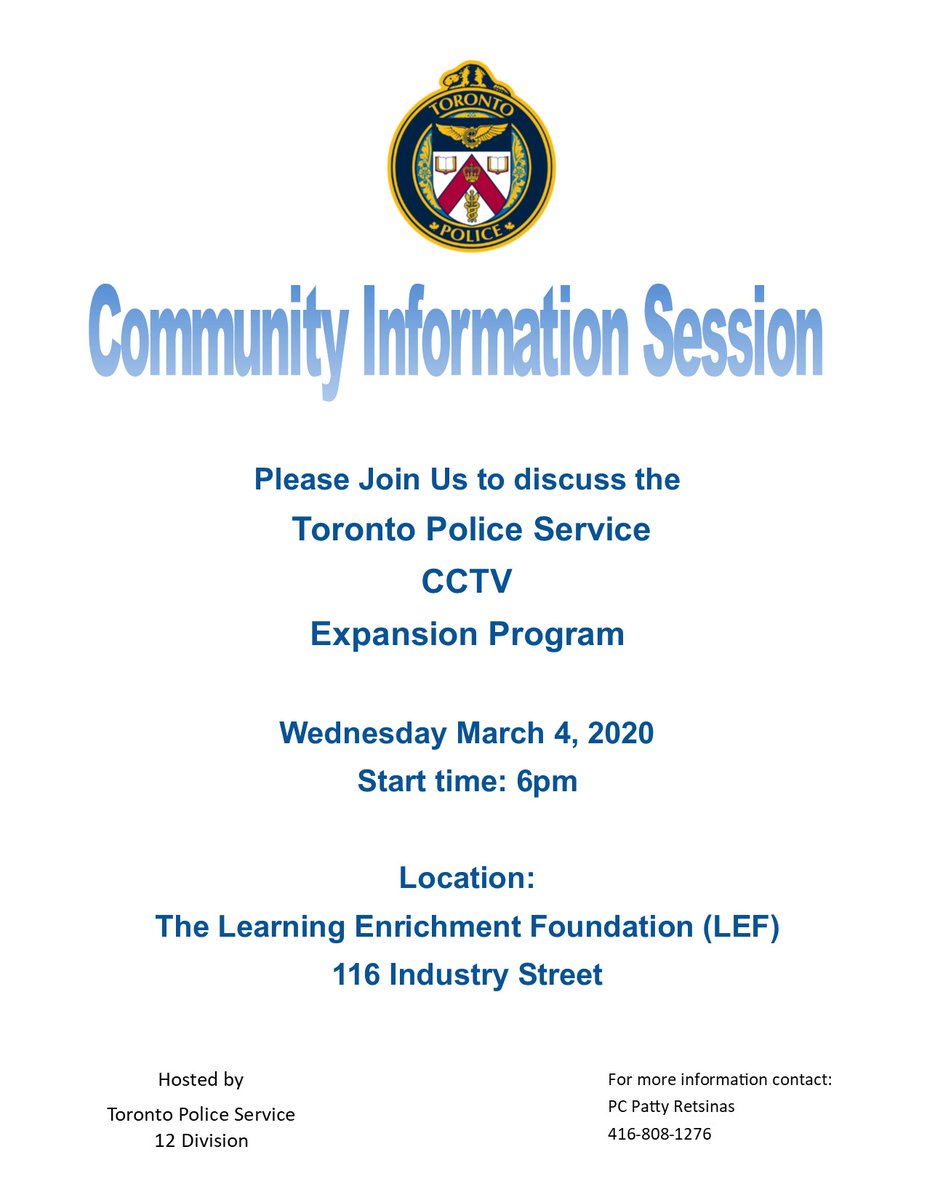 TPSAux12Div's tweet photo. Come out and join us tomorrow at our Community Info Session to discuss the new CCTV Expansion Program. We hope to see you there! ^rv https://t.co/yZFrJ88yrn