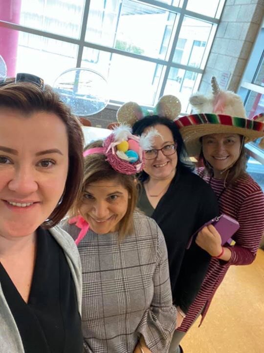 FrankConwellMS4's tweet photo. @FrankConwellMS4 Our creative teachers take the hat...get it...with our crazy hat day. #ReadAcrossAmericaWeek #middleschoolteachers #MS4Rocks https://t.co/KGf3AN9Dam