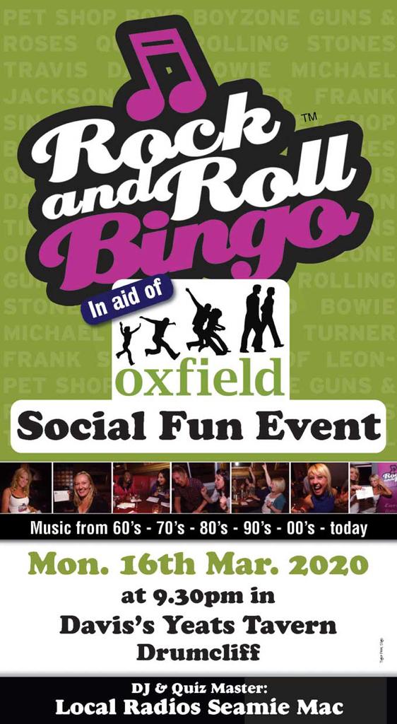 OxfieldCentre's tweet photo. EARS UP, LISTEN IN!
The Oxfield Centre's Rock and Roll Bingo event takes place on Monday March 16th from 9.30pm in Davis's Restaurant @ The Yeats Tavern. Instead of numbers being called out in a normal game of bingo, they will be replaced with short bursts of the most... https://t.co/1vXS1pML9l