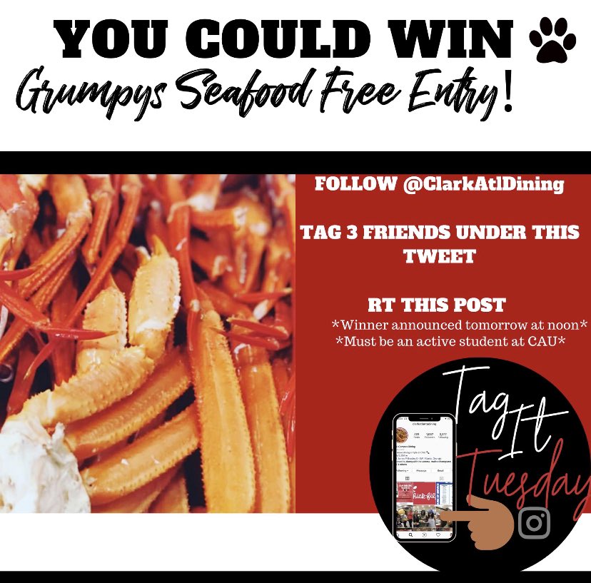 ClarkAtlDining's tweet photo. It’s time for #TagItTuesday- where WE hook YOU up! The rules are simple- 
1.) Follow this page   
2.) @ 3 friends 
3.) RT this post! 
Our winner will enjoy Grumpy’s Seafood Palace this Thursday at 4:00pm with 3 friends! https://t.co/8p0lngHx0X