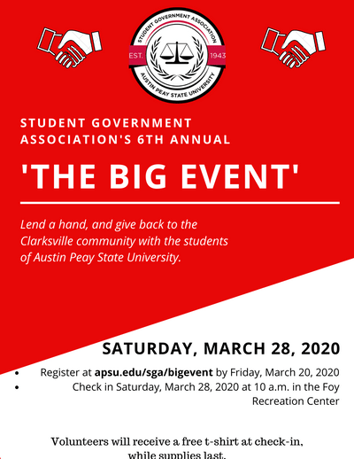 TheAllState's tweet photo. Come volunteer at The Big Event and give back to the Clarksville community, on March 28.
#APSU #TheAllState #PaidAdvertisement #APSUSGA https://t.co/jvgPFAEtMf