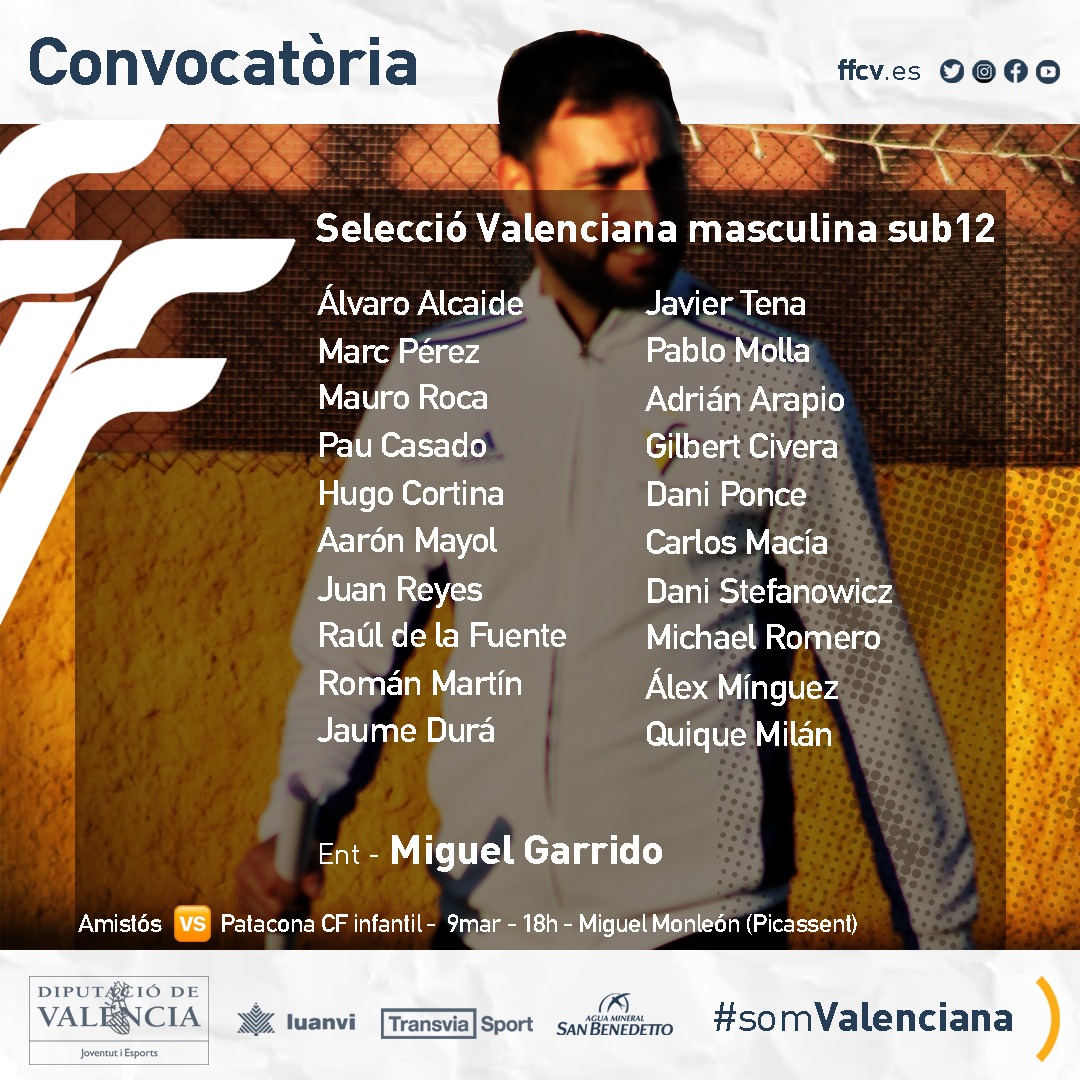 FFCV_info's tweet photo. | FÚTBOL |

El @patacona_cf infantil, próxima piedra de toque de la Selecció Valenciana sub12 masculina

⬇︎ Estos son los 2⃣0⃣ convocados por @MiguelGarrob para el amistoso del lunes en Picassent 

📎 https://t.co/YotTN4J6r4

#SomValenciana🔹🔸❤️ #SomFutbol https://t.co/5pnfbW7U0r