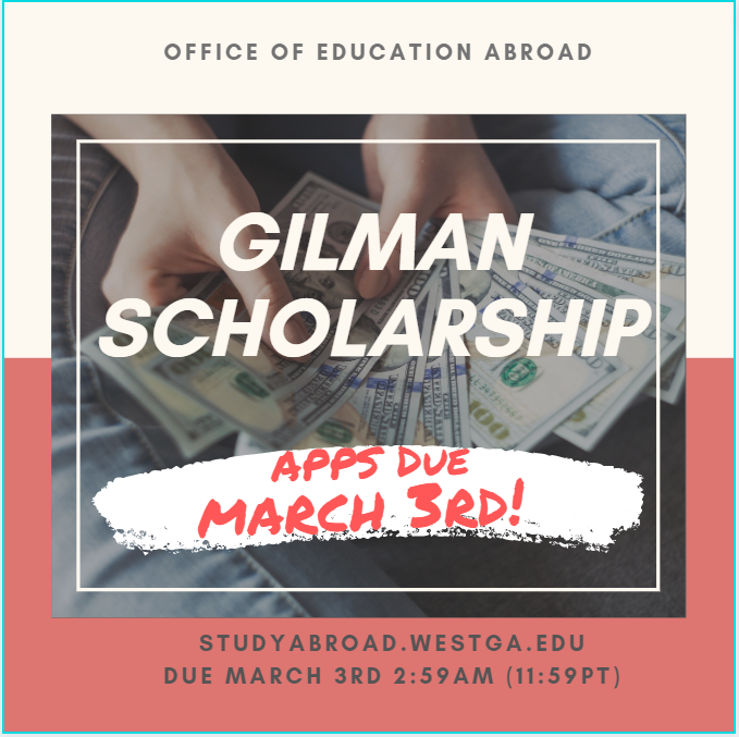 UWGAbroad's tweet photo. Submit your application for the Gilman Scholarship! The Deadline is TODAY, March 3rd! The portal closes at 2:59 a.m (11:59p.m Pacific time). Submit here: https://t.co/jmnuPJ1cg0
#uwg #GowestGoworld https://t.co/ujYwaCIsL1
