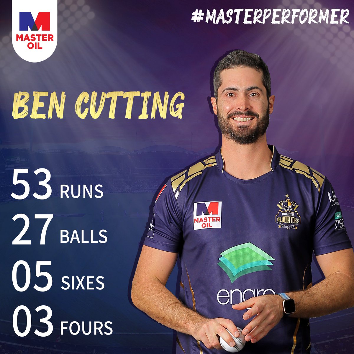 MasterOilPak's tweet photo. #MasterGladiator, Ben Cutting has been shining bright this season! 🤩 With 53 runs on 27 balls and an overall fabulous performance, he is the #MasterPerformer from today’s match 🏆🔥 @Cuttsy31 https://t.co/oH37aCrApZ