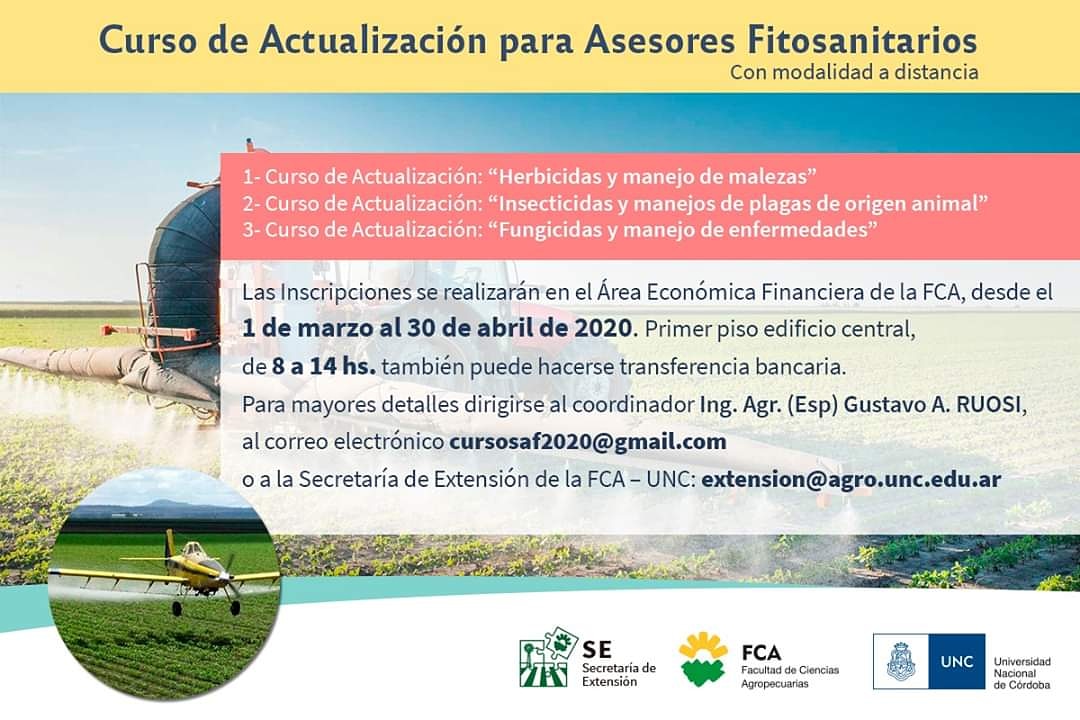 La Facultad de Ciencias Agropecuarias dictará sus cursos de actualización para los Ingenieros Agrónomos que necesiten renovar su habilitación como asesores fitosanitarios, en el marco de la Ley 9164/04, Ley de Prod. Químicos y Biológicos de Uso Agr. INFO bit.ly/21sLDBb