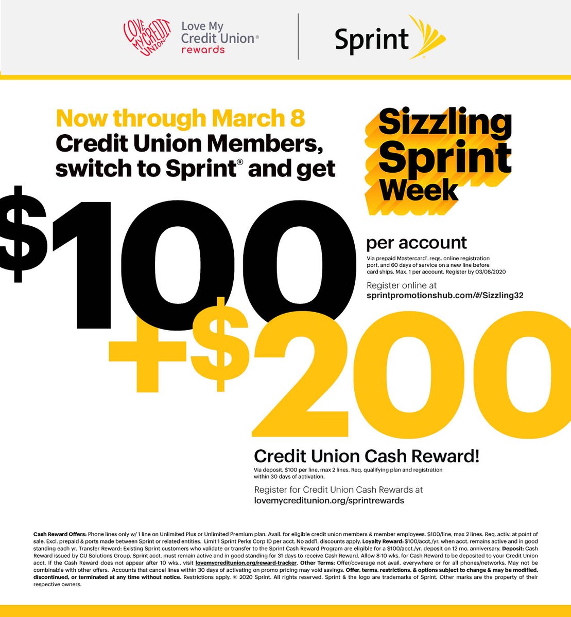 Transcend_CU's tweet image. Only through March 8, visit a Sprint store and get a $100 prepaid Mastercard. Plus, credit union members get $200 CASH when switching to Sprint. Don’t miss it! #LoveMyCURewards links.lovemycreditunion.org/client/love_my…