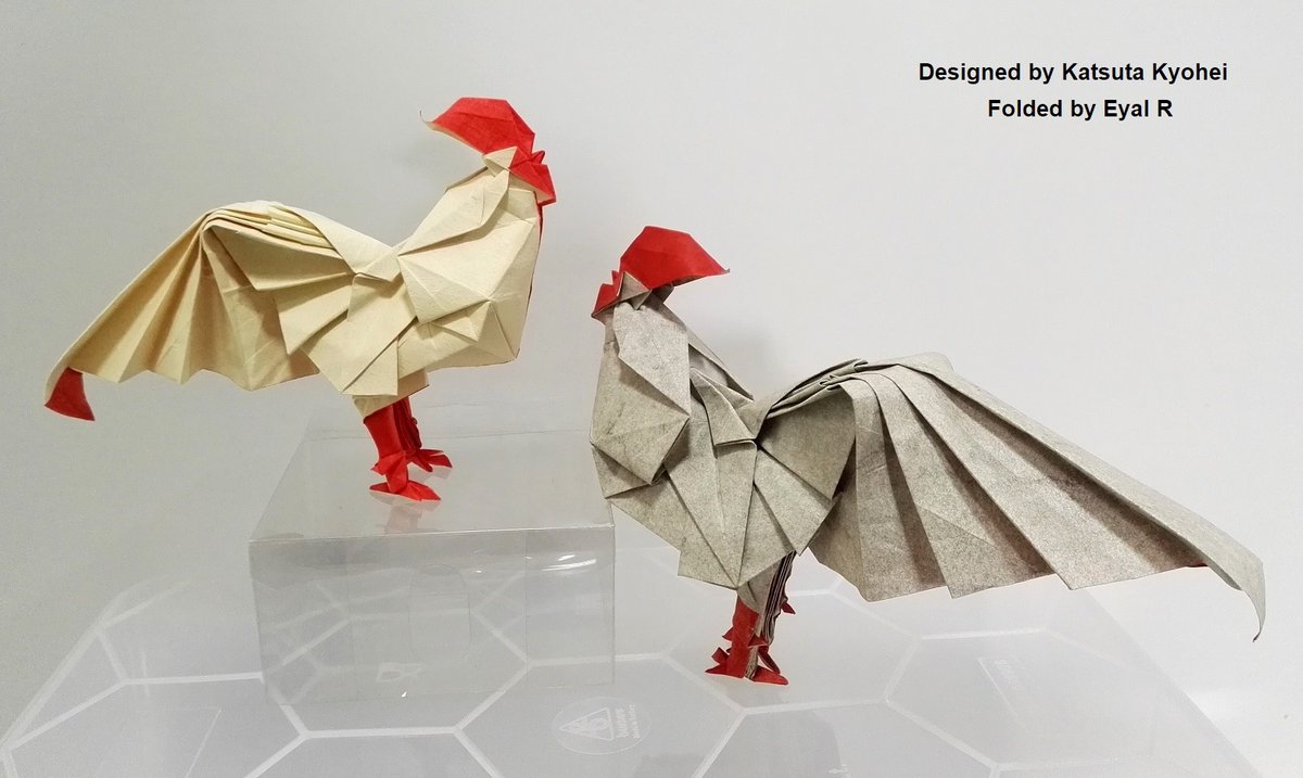 Roosters- Designed by  <a href="/Kyohei_Katsuta/">勝田恭平／Katsuta Kyohei</a> .
I folded them from 35*35 cm Biogami and 35*35 cm Elephant Hide ,painted the other side.
Diagrams from Katsuta Kyohei's new book- Highly recommended!
origamihouse.jp/book/original/…
