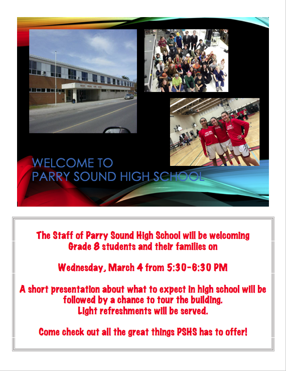 PSHGuidance's tweet image. Grade 8 Parent Information Night is happening tomorrow, March 4th, from 5:30 to 6:30.
We will start in the cafeteria, then you'll get a chance to tour the building and talk to teachers.
Come check out all the great opportunities that await at PSHS!
#PSHS #proudtobeapanther #NNDSB