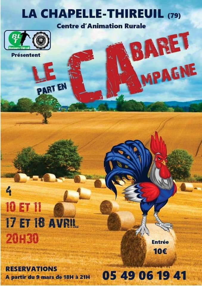 buslaurs's tweet photo. ⚠️ CABARET 2020 ⚠️

Le cabaret part en campagne ! 🚜🐄🇫🇷

Le Foyer des Jeunes du Busseau et le club de foot de Buslaurs-Thireuil vous donnent rendez-vous pour 5 soirées ponctuées de sketchs, chants et danses les 4, 10, 11, 17 et 18 avril 2020 à partir de 20h30 🎉 https://t.co/qsLEBvCmWO