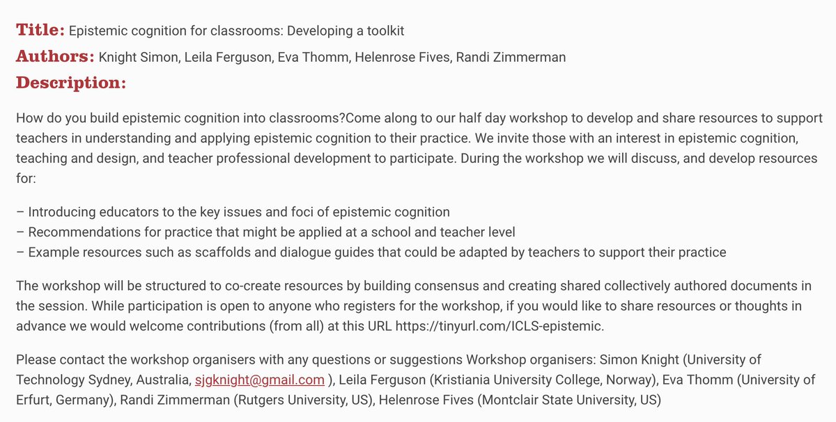Another great half-day workshops scheduled for June 20 before the Opening Plenary.

EPISTEMIC COGNITION FOR CLASSROOMS: DEVELOPING A TOOLKIT with <a href="/sjgknight/">Simon Knight</a>, Leila Ferguson, Eva Thomm, <a href="/hr5s/">Helenrose Fives</a>, and <a href="/Randi_Zimmerman/">Randi Zimmerman</a>. Description attached (sorry for the typos...)