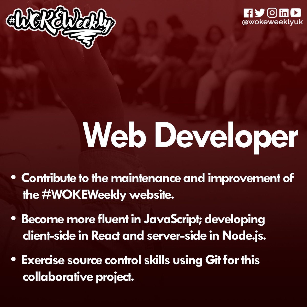 wokeweeklyuk's tweet photo. Technology is the future! Learn some new skills and gain some industry-level experience as a Web 
Developer for #WOKEWeekly. We're not looking for professionals, we're looking for learners!
Follow the link, let's hear from you!

https://t.co/iuNyF8MB8H
Application close: 17/03/20 https://t.co/nE81YtIXNU