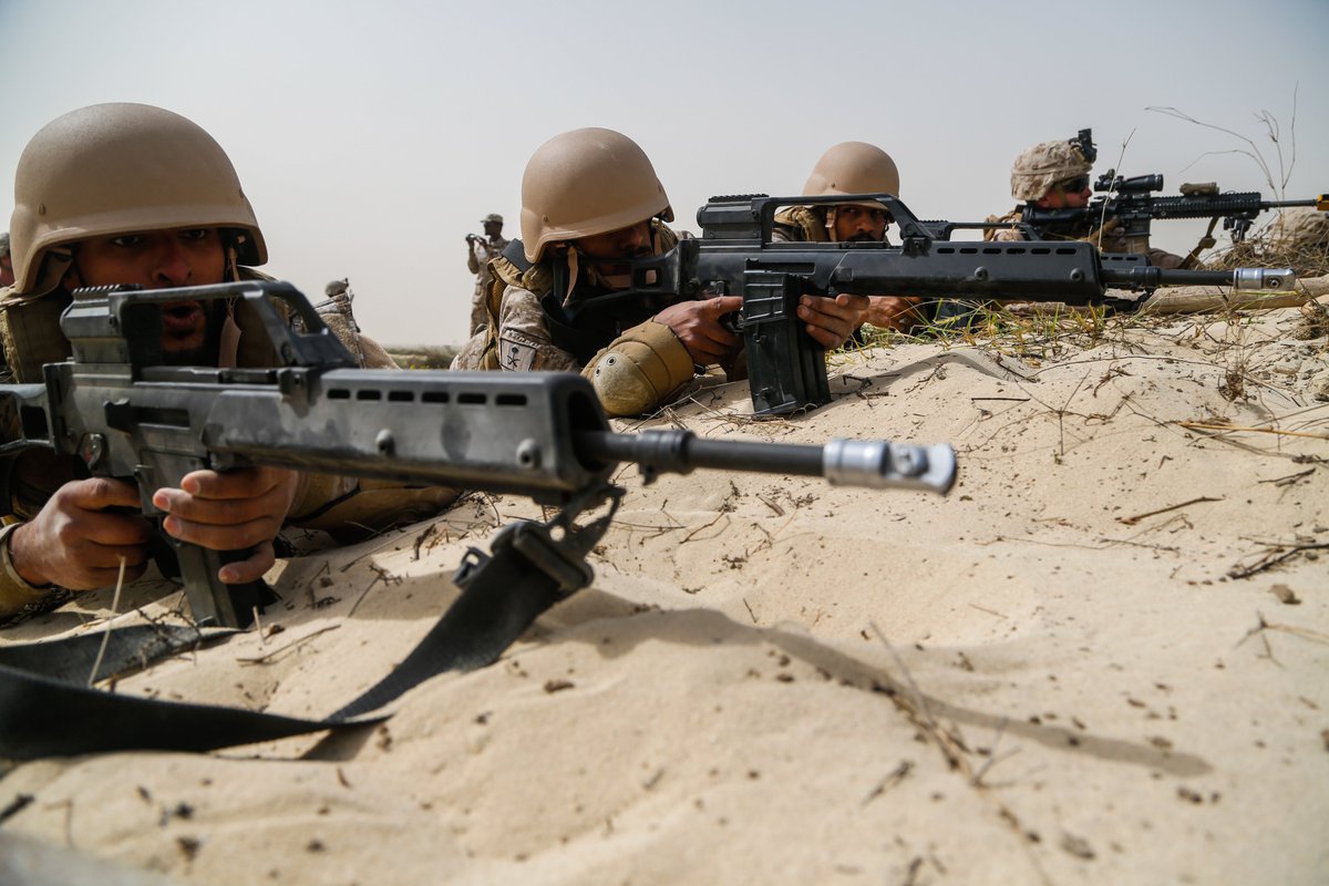 CENTCOM's tweet photo. U.S. #Marines with 2nd Battalion, 7th Marines assigned to #SPMAGTFCRCC 19.2 and Royal Saudi Naval Forces (RSNF) conduct a raid as part of Exercise #NauticalDefender20 (ND) in Jubail, #SaudiArabia, Feb 26 @USMARCENT @USAinKSA @US5thFleet https://t.co/uMFe2PKo2y