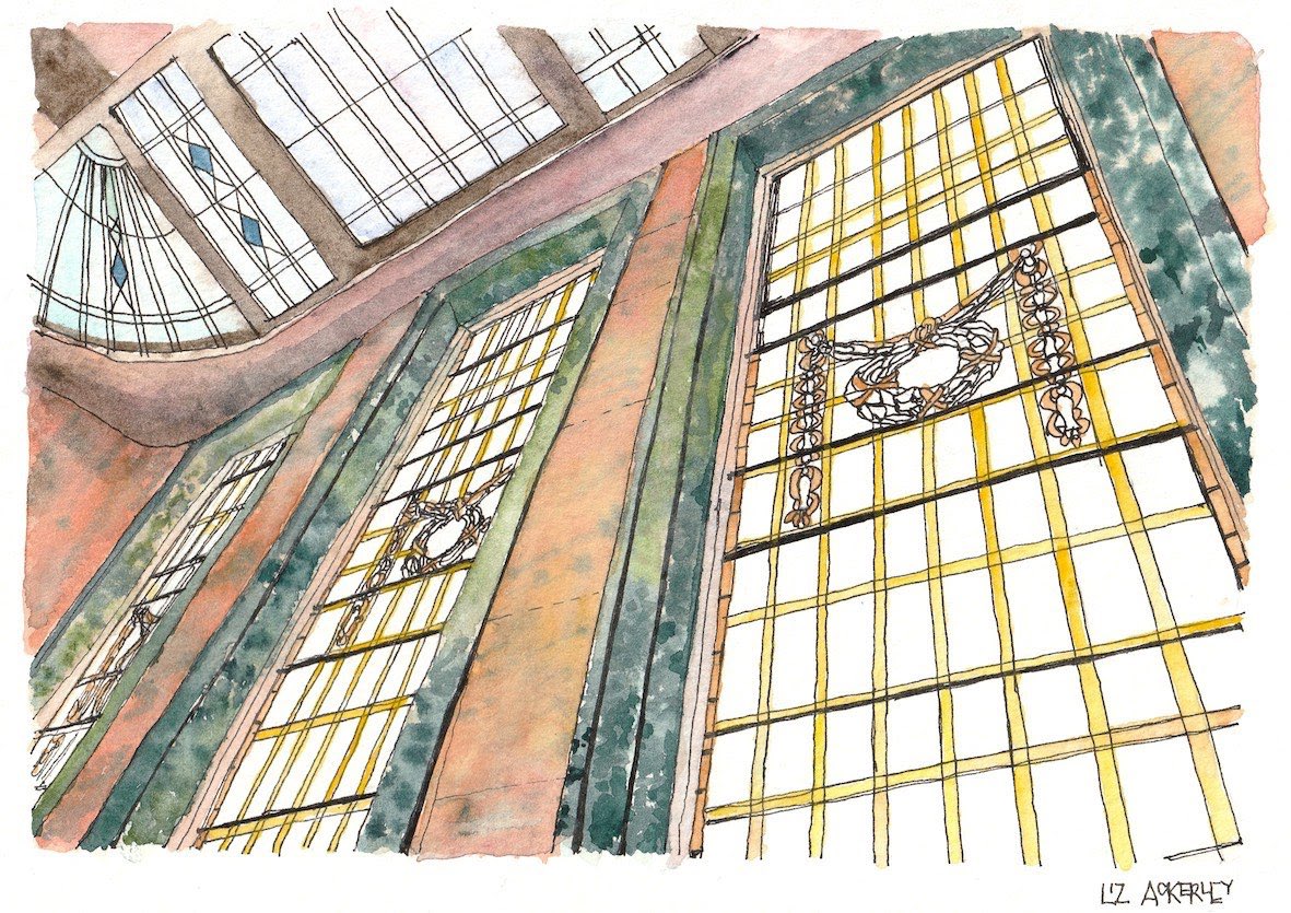 StockExHotel's tweet photo. The very talented @LizAckerleyArt captured the meticulous detail in our original stained glasswork leading up to the Boardroom Suite in this watercolour illustration. #RelaisChateaux https://t.co/jrS3KLkqIW