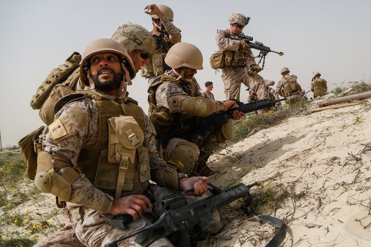 CENTCOM's tweet photo. U.S. #Marines with 2nd Battalion, 7th Marines assigned to #SPMAGTFCRCC 19.2 and Royal Saudi Naval Forces (RSNF) conduct a raid as part of Exercise #NauticalDefender20 (ND) in Jubail, #SaudiArabia, Feb 26 @USMARCENT @USAinKSA @US5thFleet https://t.co/uMFe2PKo2y