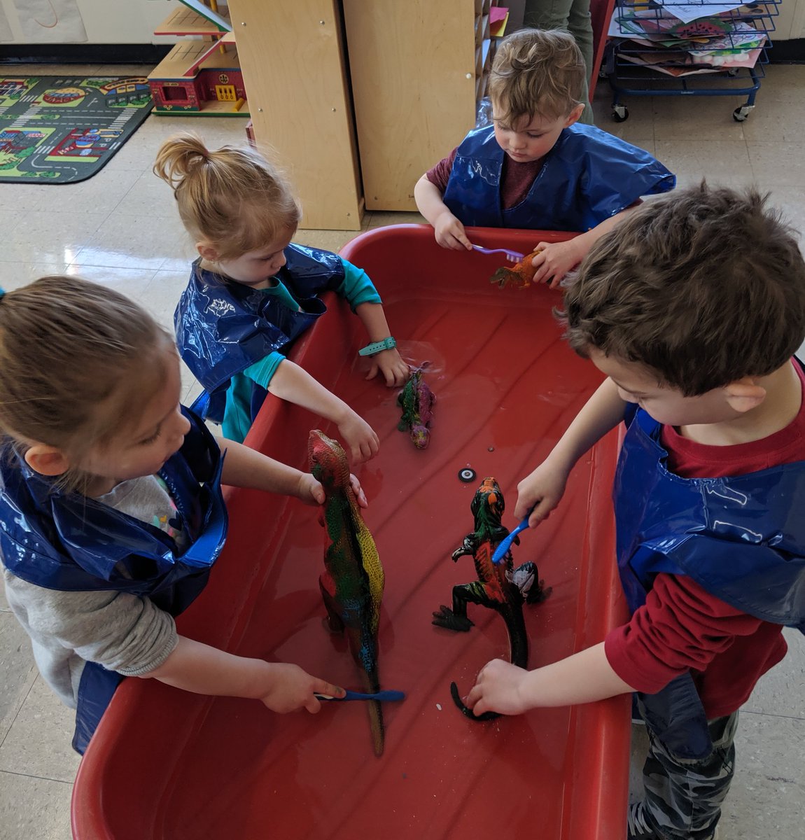 mrssheikhsclass's tweet photo. Our dinosaurs got into the paint closet last night! Good thing we had toothbrushes to help scrub those silly reptiles clean. We practiced brushing left to right, up and down, and around and around. 🦖🦷 https://t.co/oEFV3Tl5fz