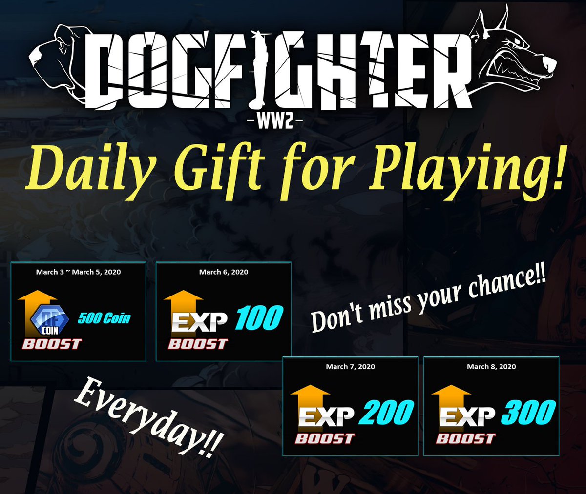 DogfighterWW2's tweet photo. We are having an event to celebrate the launch of DOGFIGHTER -WW2!! Twitter Follow Event! Get into the game for the event! Earn PSN Gift Cards and In-Game EXP! For detail information, please check the images!
#DFWW2 #DOGFIGHTERWW2 https://t.co/8f7trdS8gG