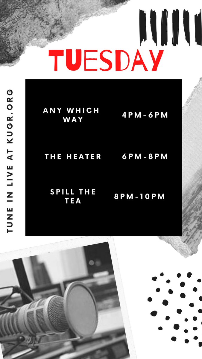 KUGRradiowsu's tweet photo. Happy Tuesday everyone! We have another great lineup for you today😎 Dont forget to tune innn! #KUGR https://t.co/UvuHdFxW3F