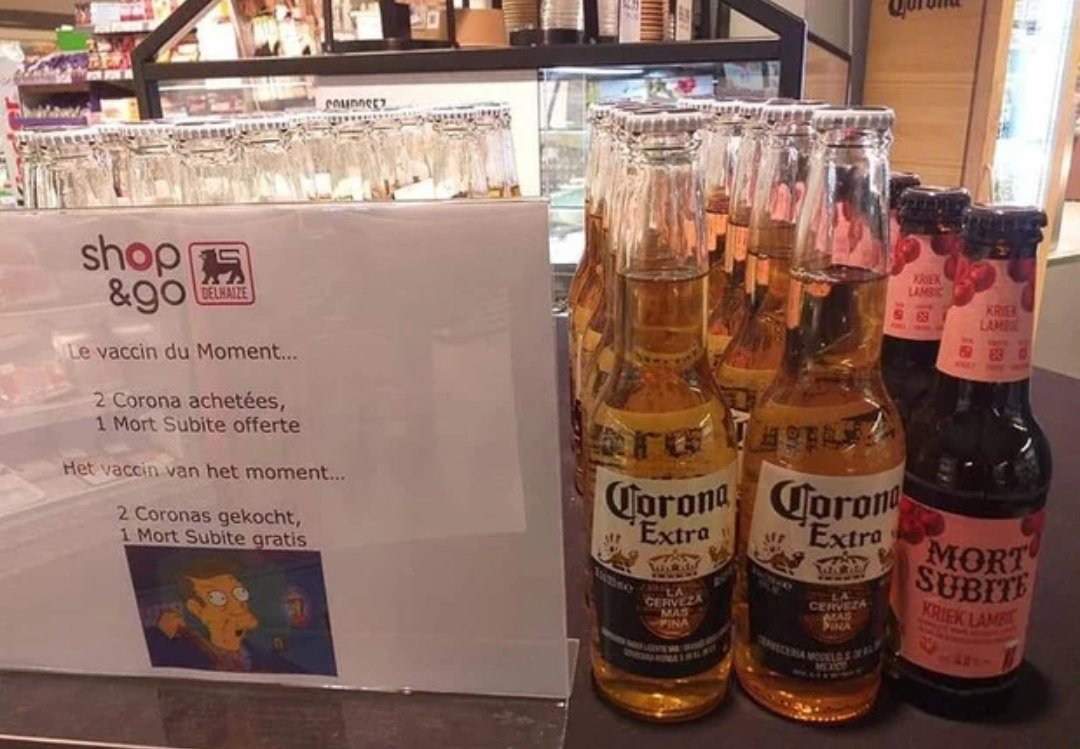 Raboboy's tweet photo. Pour 2 corona achetées, 1 mort subite offerte ! 

Humour 🇧🇪

#Covid_19 #COVID2019 #coronavirus https://t.co/HkzfiNosJ1