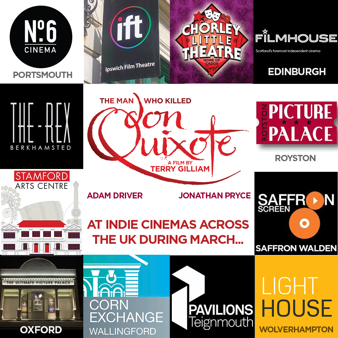 From the Edinburgh Filmhouse to the Wolverhampton Lighthouse Terry Gilliam's 'The Man Who Killed Don Quixote' adventures across the UK, showing at great indie cinemas during March. Re-tweet+share to support! @SparkyPictures @alacrangroup @filmhouse @lighthousemedia @No6cinema