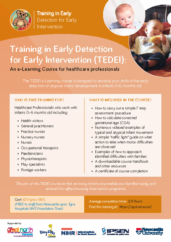 Very proud of our new CPD package 'TEDEI' - Training in Early Detection for Early Intervention. Focusing on the first 6 months of life. If you have a couple of hours to spare, give it a go! @JanicePearse (well done Janice!), @GreatNorthCH @UniofNewcastle @EI_Smart