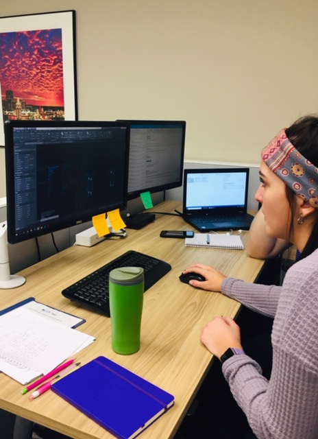 A BLHS Intern is working with a production engineer practicing her CAD skills on a big project. Look at the concentration! #internships #Engineering #handsonlearning <a href="/BL_CTE/">Basehor-Linwood CTE</a>