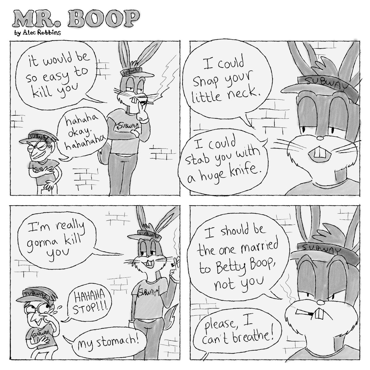 Mr. Boop has a chat with his Subway coworker Bugs Bunny