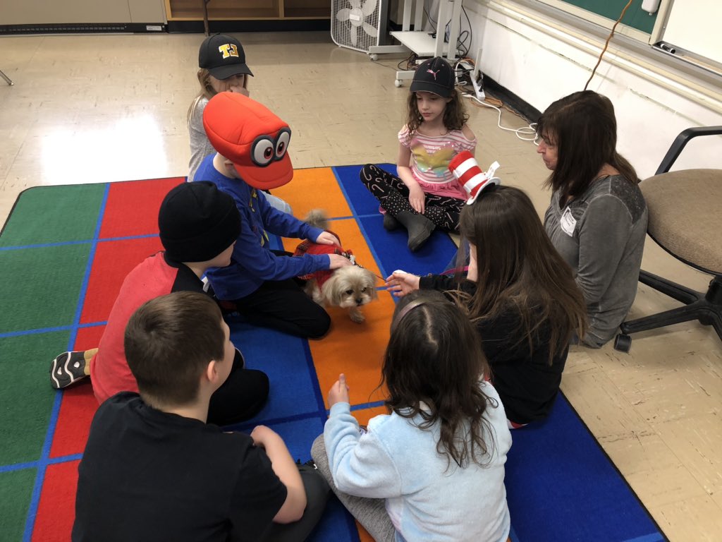 MrsHampsay's tweet photo. Gill Hall Reads Week = the best week! 📚🎉 On Monday, our students wore their favorite hat and read to therapy dogs 🐶 These puppies brought pure joy to our little readers 🤗 Thank you to our amazing PTA for planning and organizing these fun activities!!! #WErTJ #GillHallElem https://t.co/akoVCHRE5l